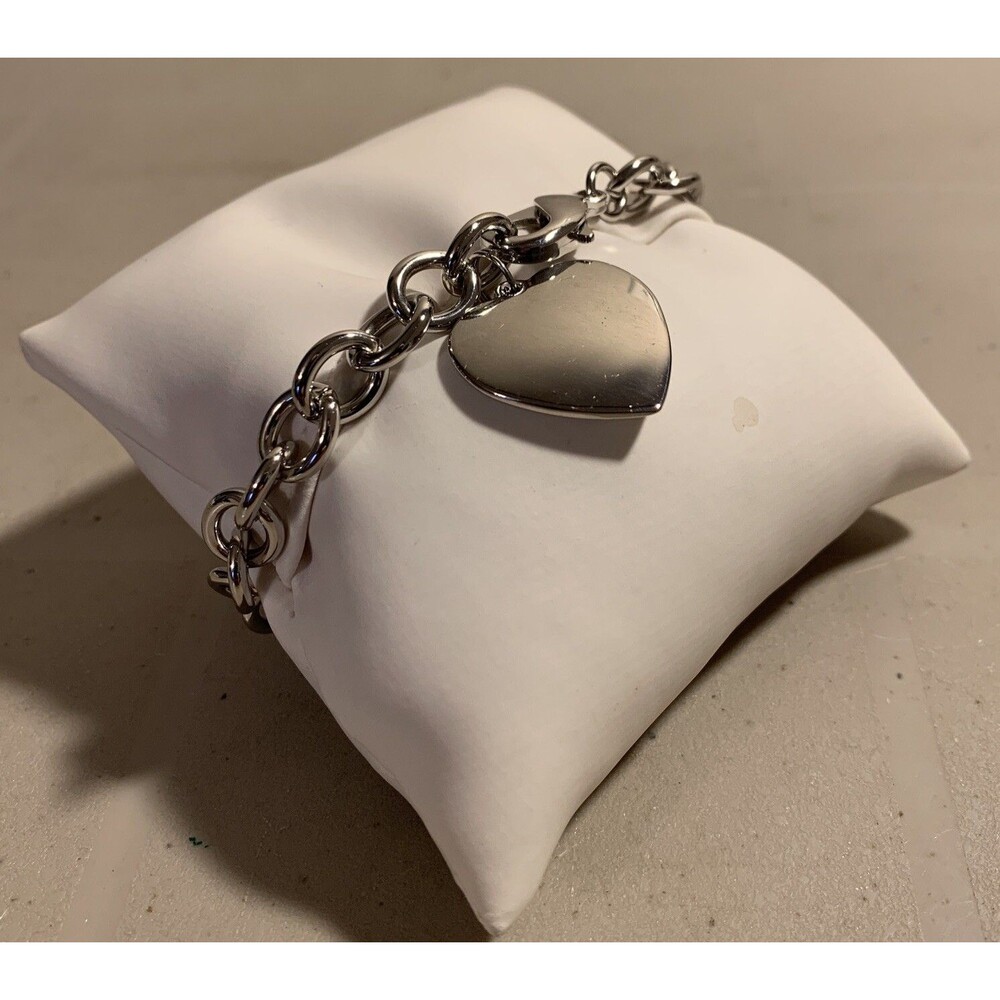 Chunky Charm Bracelet Silver Tone Heart Charm 8”